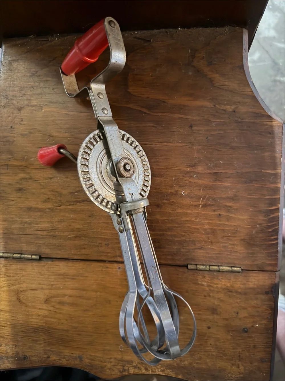 Vintage Hand-Crank Egg Beater with Red Handles